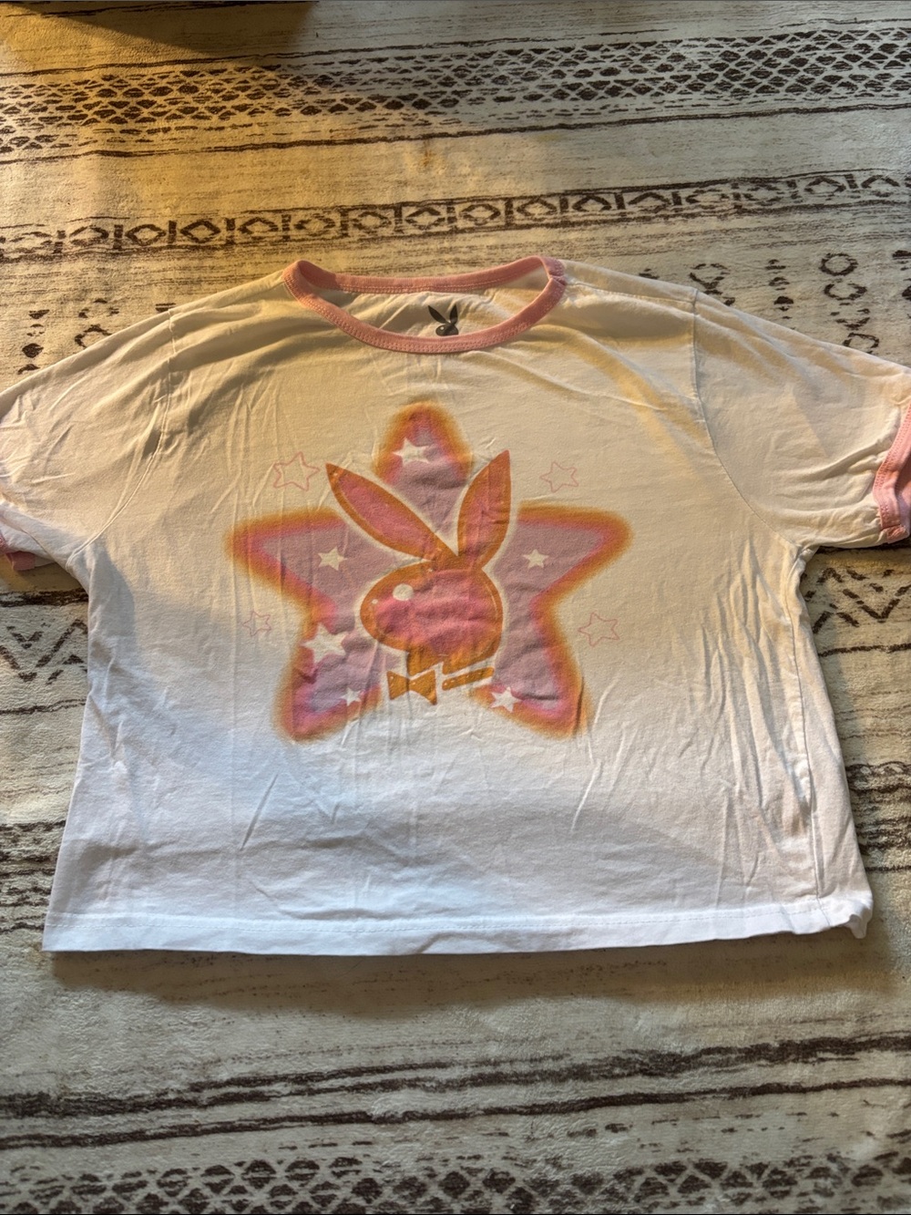 PLAYBOY White Crop Ringer Top with Pink & Yellow Star Bunny